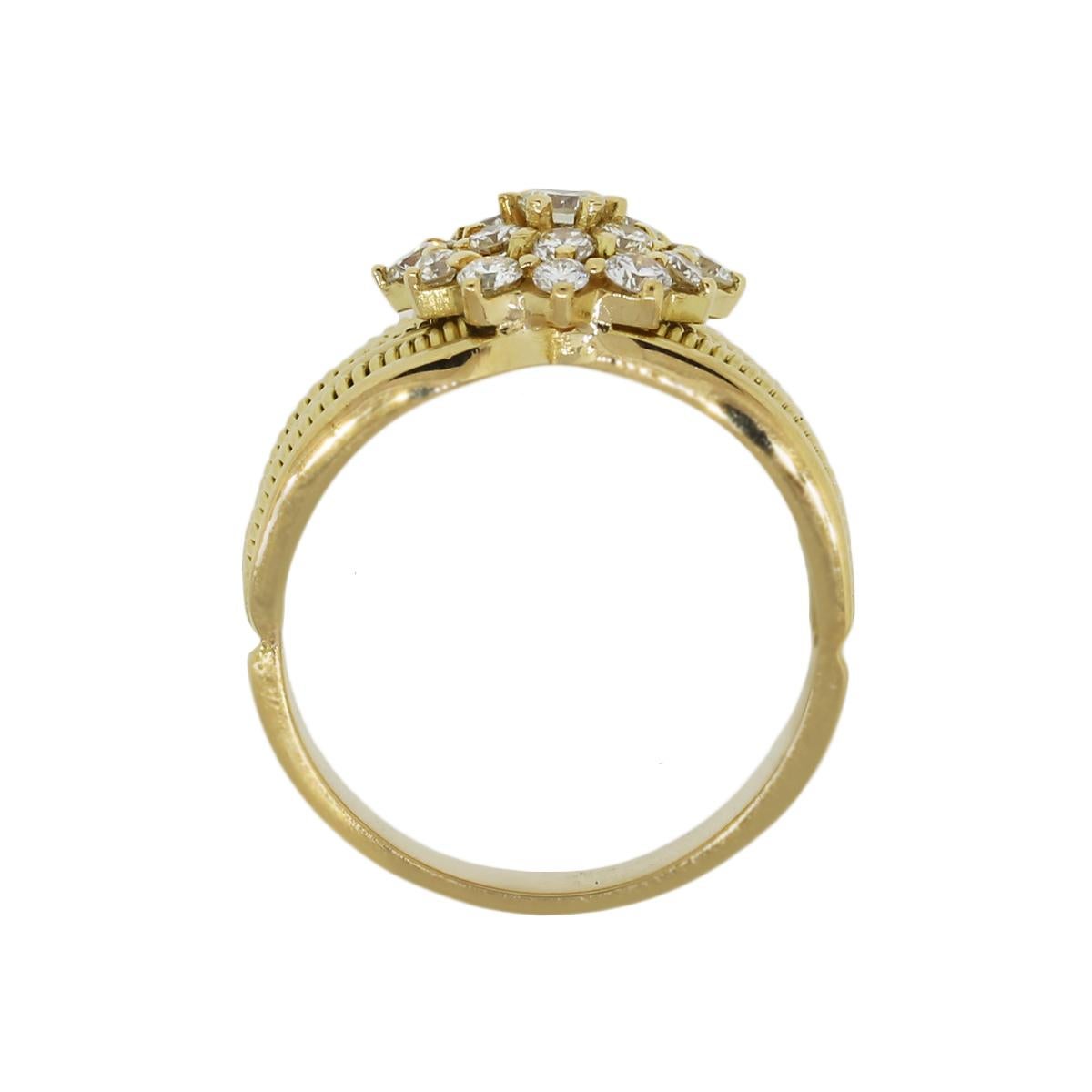 Material: 18k yellow gold
Diamond Details: Approximately 0.70ctw of round brilliant diamonds. Diamonds are G/H in color and VS in clarity
Ring Size: 8.25
Ring Measurements: 1″ x 0.48″ x 0.84″
Total Weight: 10.8g (6.9dwt)
Additional Details: This