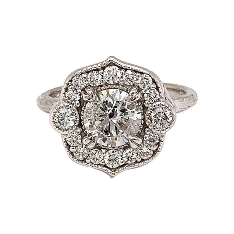 Round Brilliant Diamond Flower Ring 1.08 Carat 14 Karat White Gold For Sale