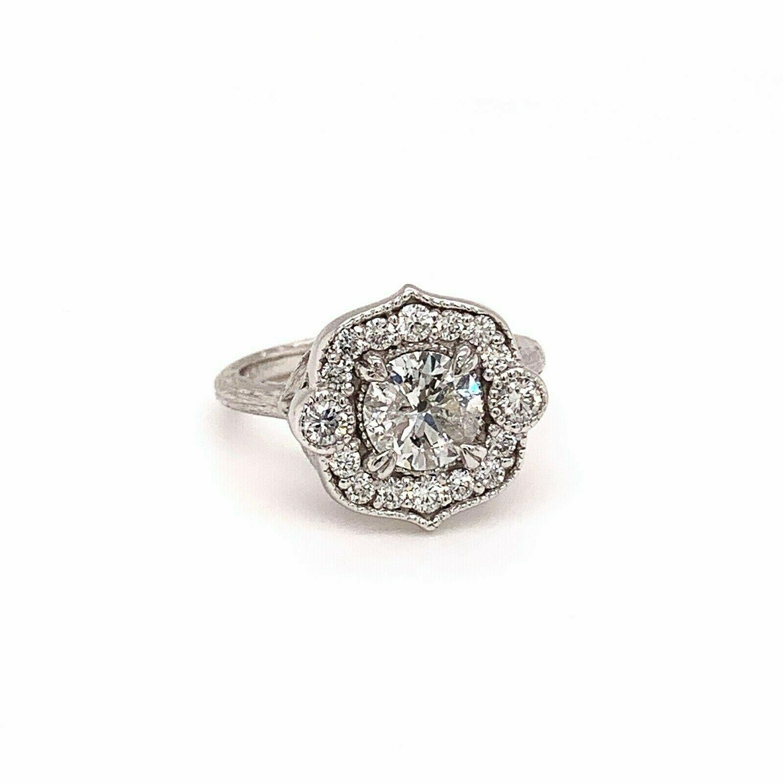 Round Cut Round Brilliant Diamond Flower Ring 1.08 Carat 14 Karat White Gold For Sale