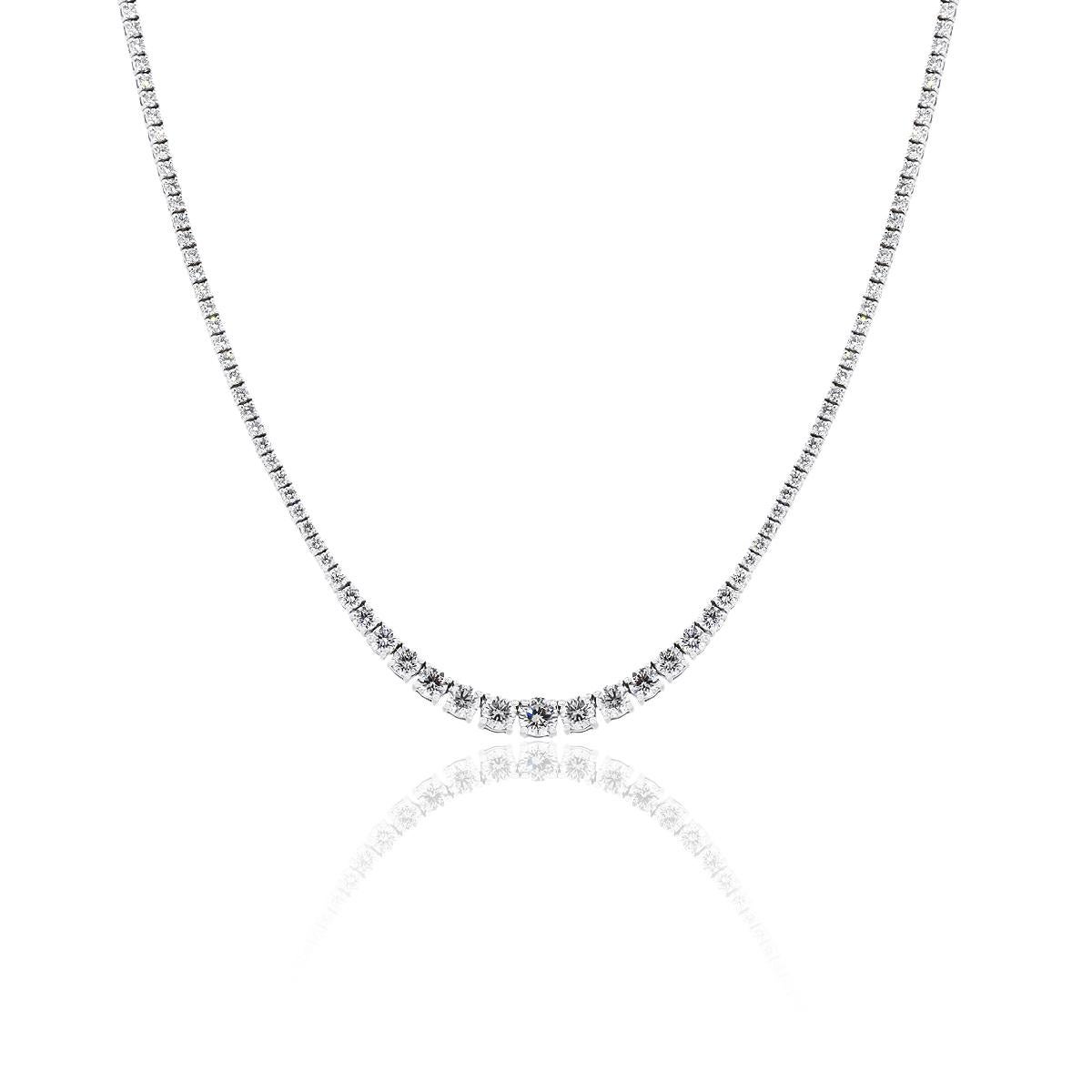 Material: 18k white gold
Diamond Details: Approximately 7.06ctw of graduated round brilliant diamonds. Diamonds are G/H in color and VS in clarity
Measurements: Necklace measures 16″ in length
Clasp: Tongue in box with safety clasp
Total Item
