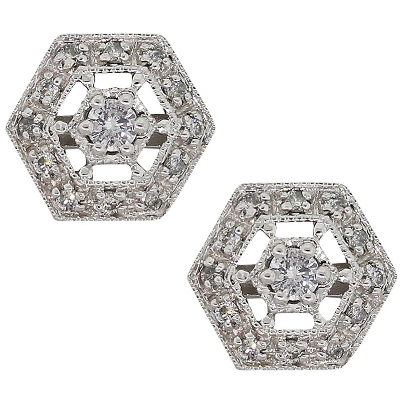 Round Brilliant Diamond Hexagonal Shaped Stud Earrings