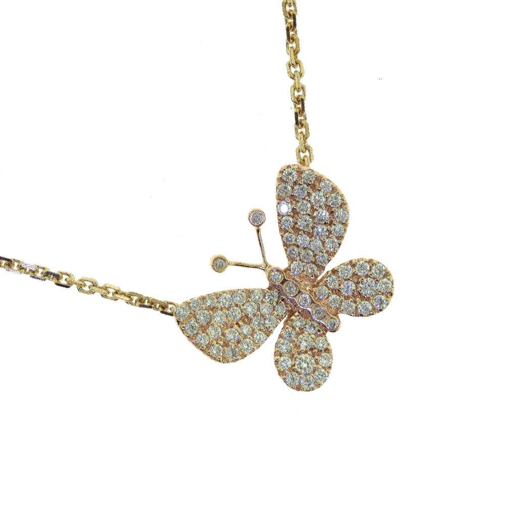 Women's or Men's  Round Brilliant Diamond in 18 Karat Rose Gold Butterfly Necklace