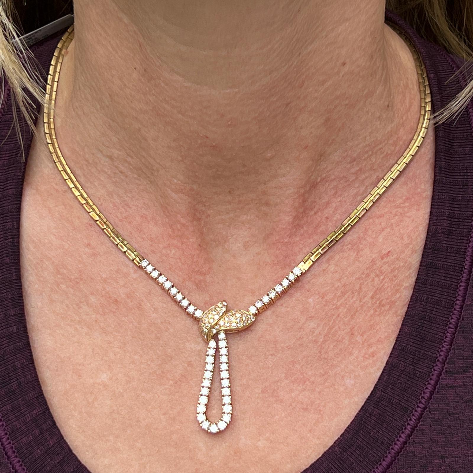 Round Brilliant Diamond Loop Drop Yellow Gold Link Necklace, Late 20th