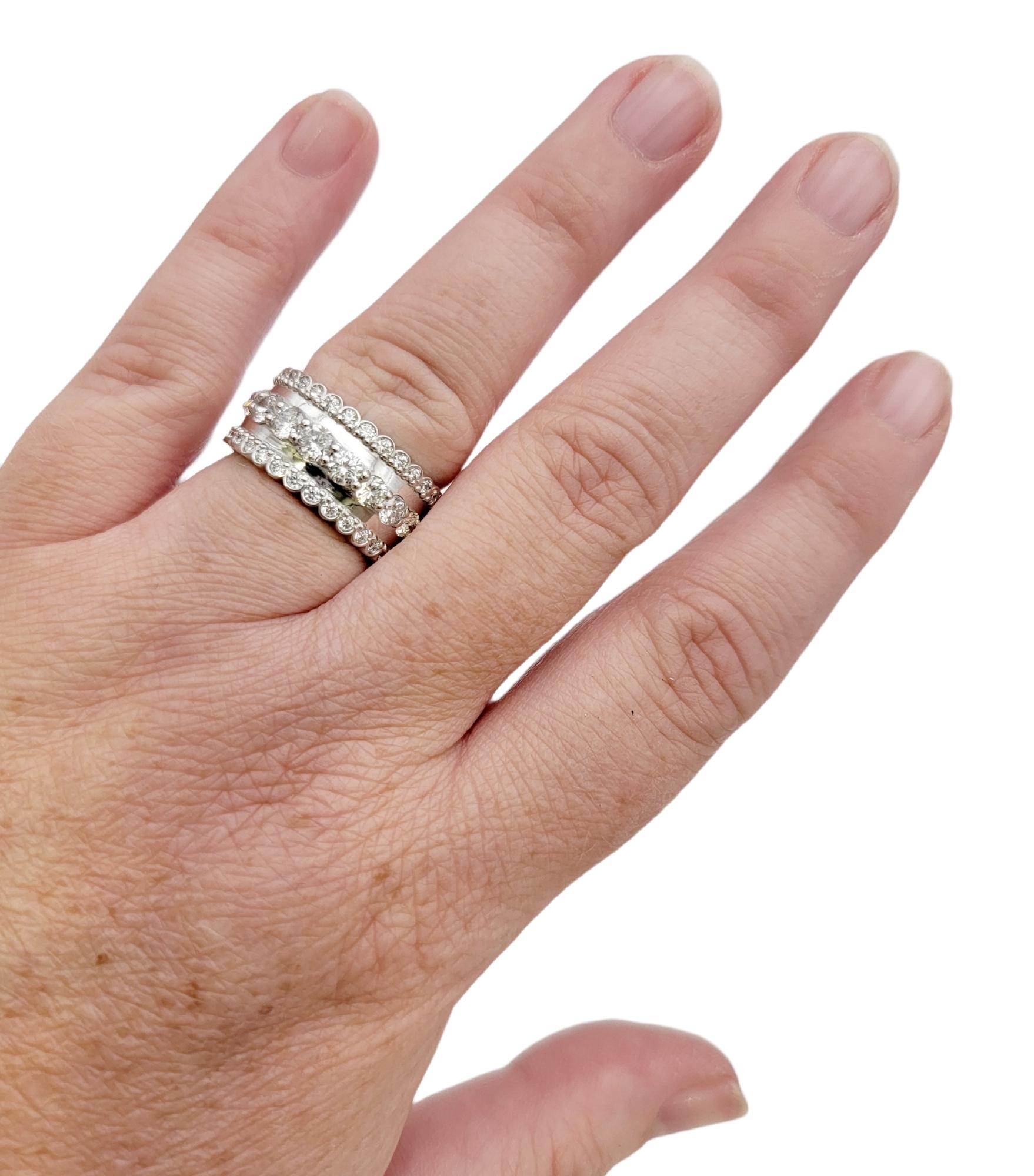 Women's or Men's Round Brilliant Diamond Multi Row Semi-Eternity Band Ring in 14 Karat White Gold For Sale