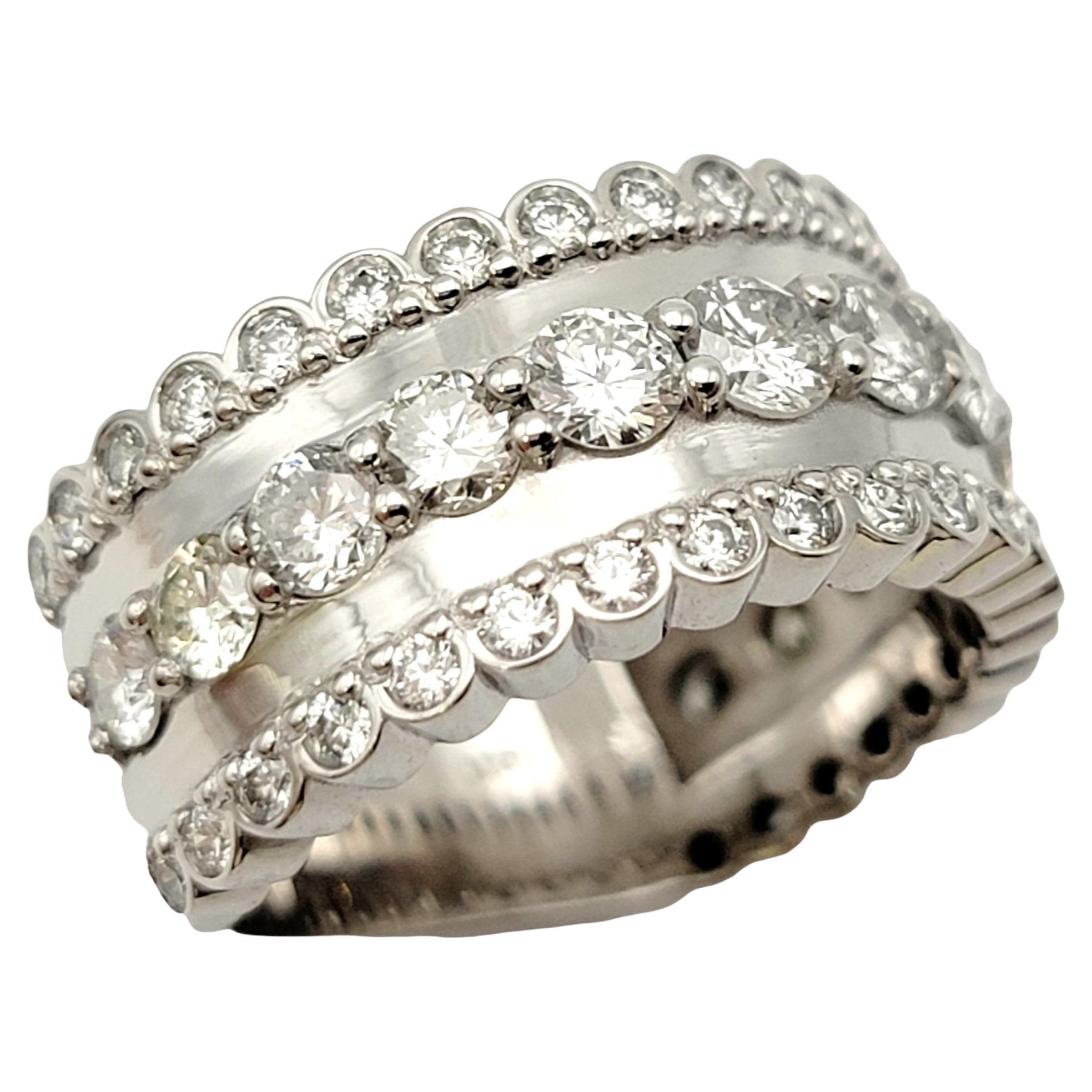 Round Brilliant Diamond Multi Row Semi-Eternity Band Ring in 14 Karat White Gold For Sale