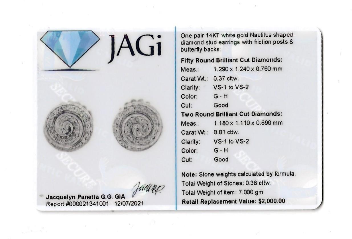 Round Diamond Pave Circle Swirl Stud Pierced Earrings 14 Karat White Gold For Sale 10