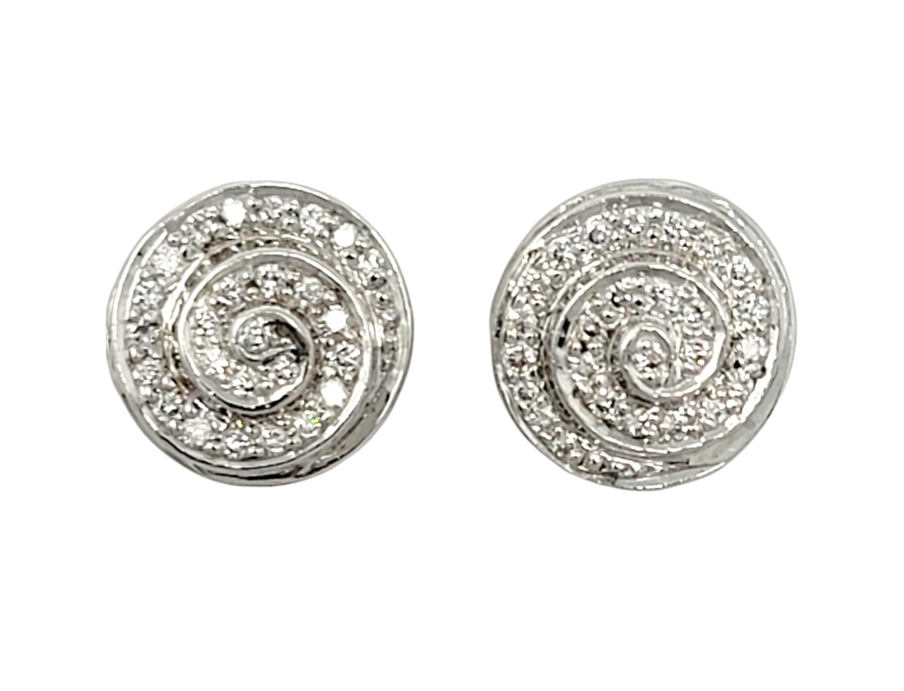 Contemporary Round Diamond Pave Circle Swirl Stud Pierced Earrings 14 Karat White Gold For Sale