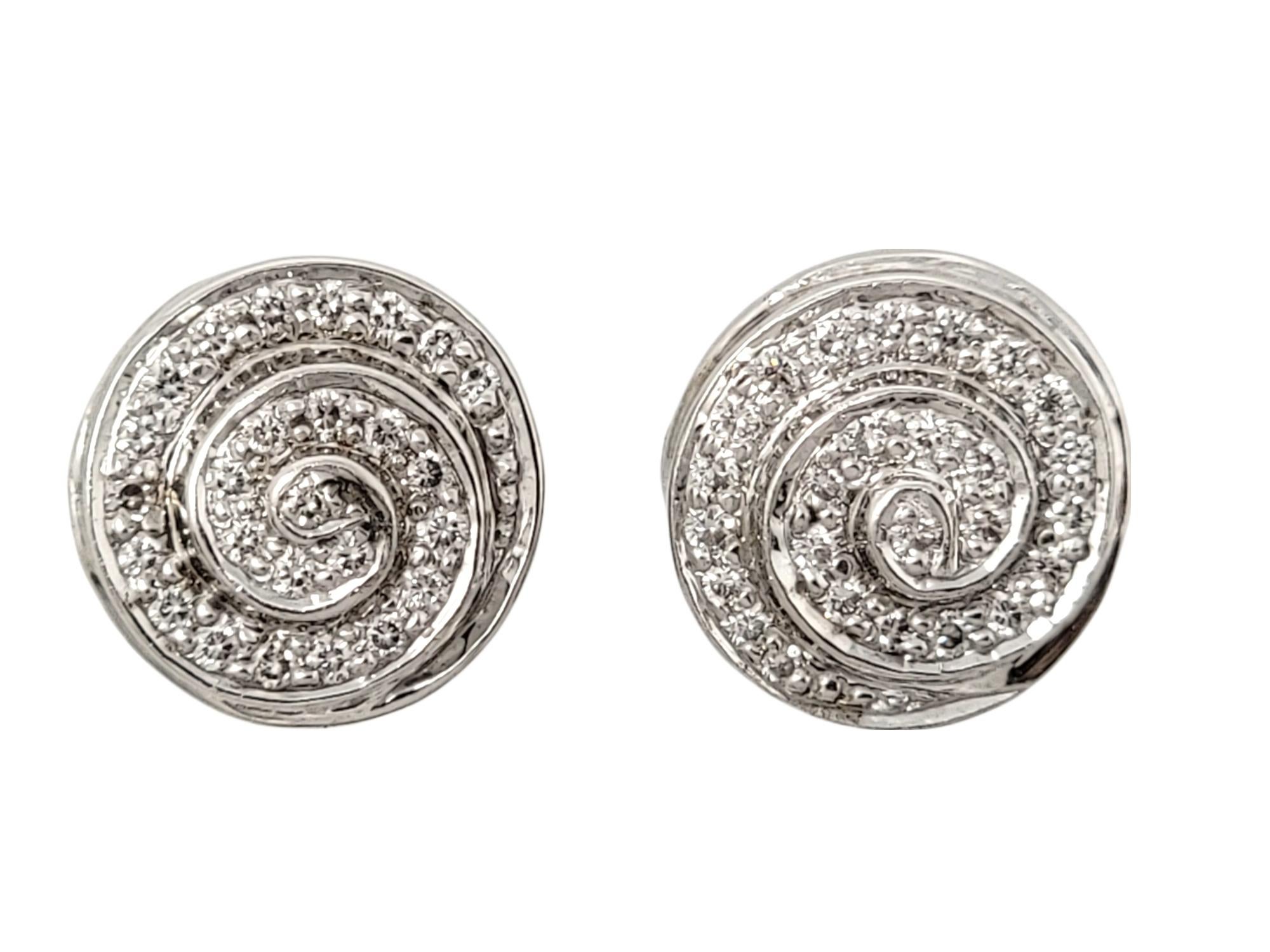 Round Cut Round Diamond Pave Circle Swirl Stud Pierced Earrings 14 Karat White Gold For Sale