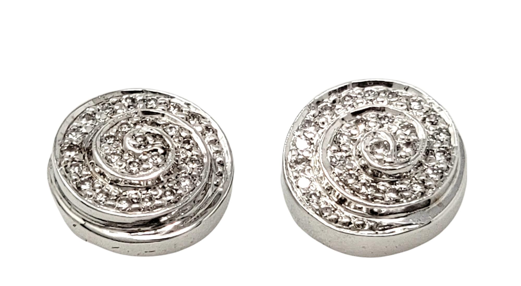 Women's Round Diamond Pave Circle Swirl Stud Pierced Earrings 14 Karat White Gold For Sale