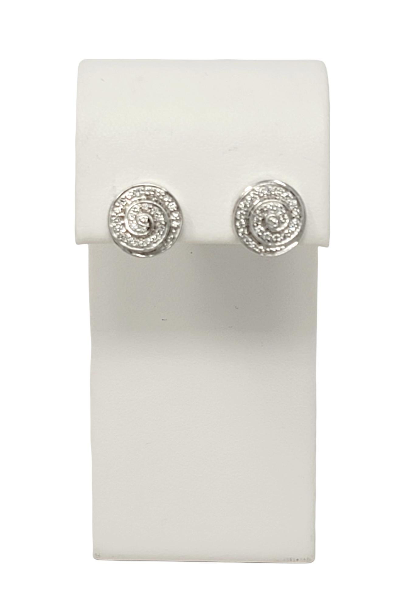 Round Diamond Pave Circle Swirl Stud Pierced Earrings 14 Karat White Gold For Sale 1