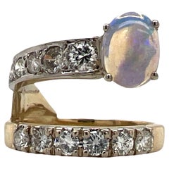Round Brilliant Diamond Opal 14 Karat White Gold Modern Wrap Ring