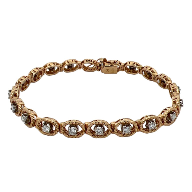 Round Brilliant Diamond Rope Link 14 Karat Yellow Gold Line Tennis