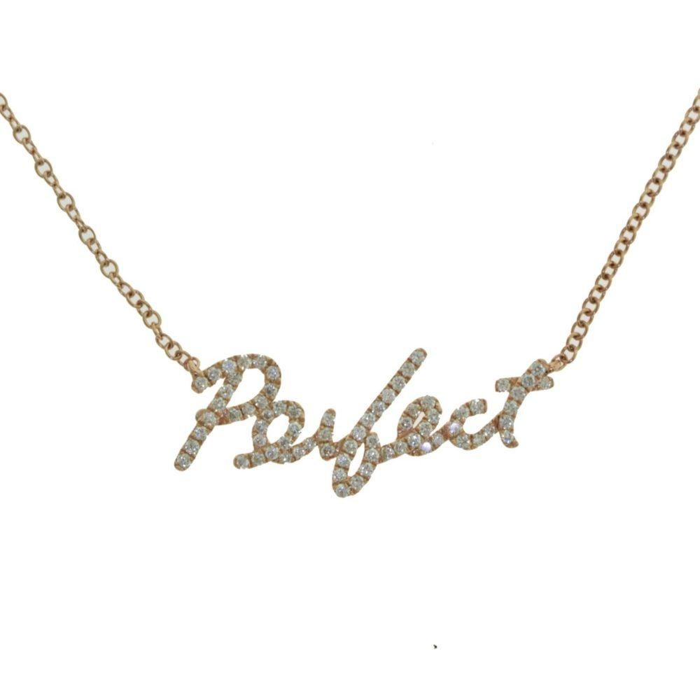 Round Brilliant Diamond Rose Gold 18k “PERFECT” Letter Word Necklace Pendant In Good Condition In Miami, FL