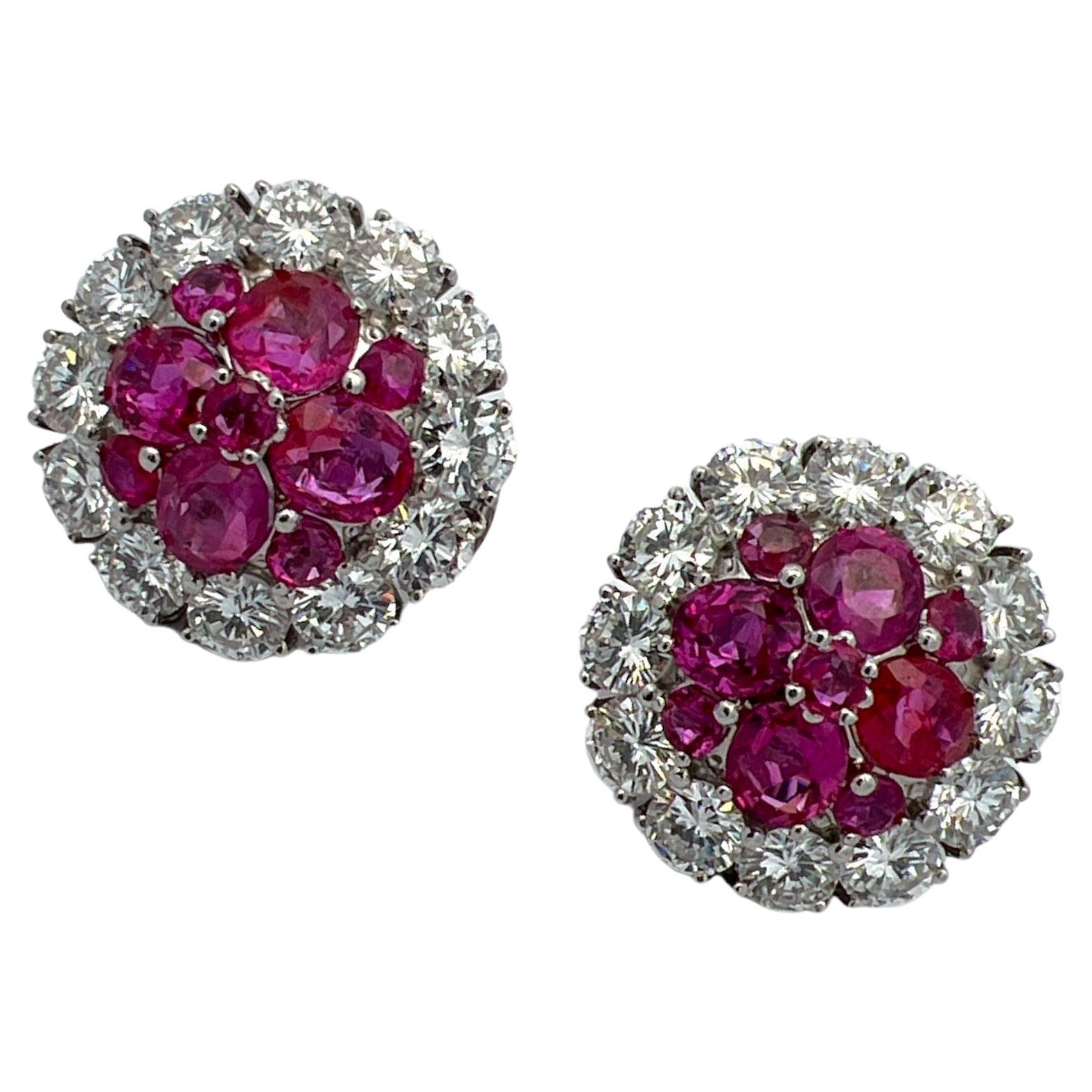 Round Brilliant Diamond Ruby 18 Karat White Gold Round Stud Leverback Earrings  For Sale