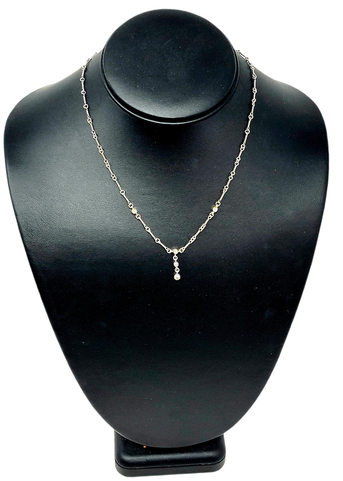 Contemporary Round Brilliant Diamond Station Drop Necklace in 14 Karat White Gold F Color VS For Sale