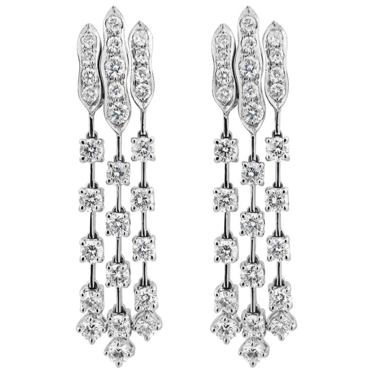 Round Brilliant Diamond String 3 Link Drop Earrings 18K White Gold For
