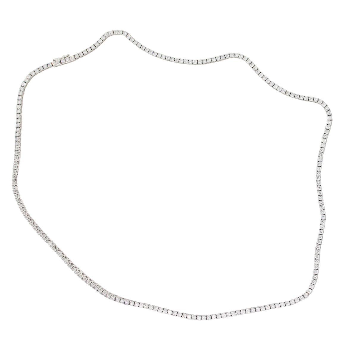 Material: 14k white gold
Diamond Details: Approximately 9ctw of round brilliant diamonds.
Necklace Measurements: Necklace is 20″ in length
Clasp: Tongue in box with safety clasp
Total Weight: 19.4g (12.6dwt)
Additional Details: This item comes with