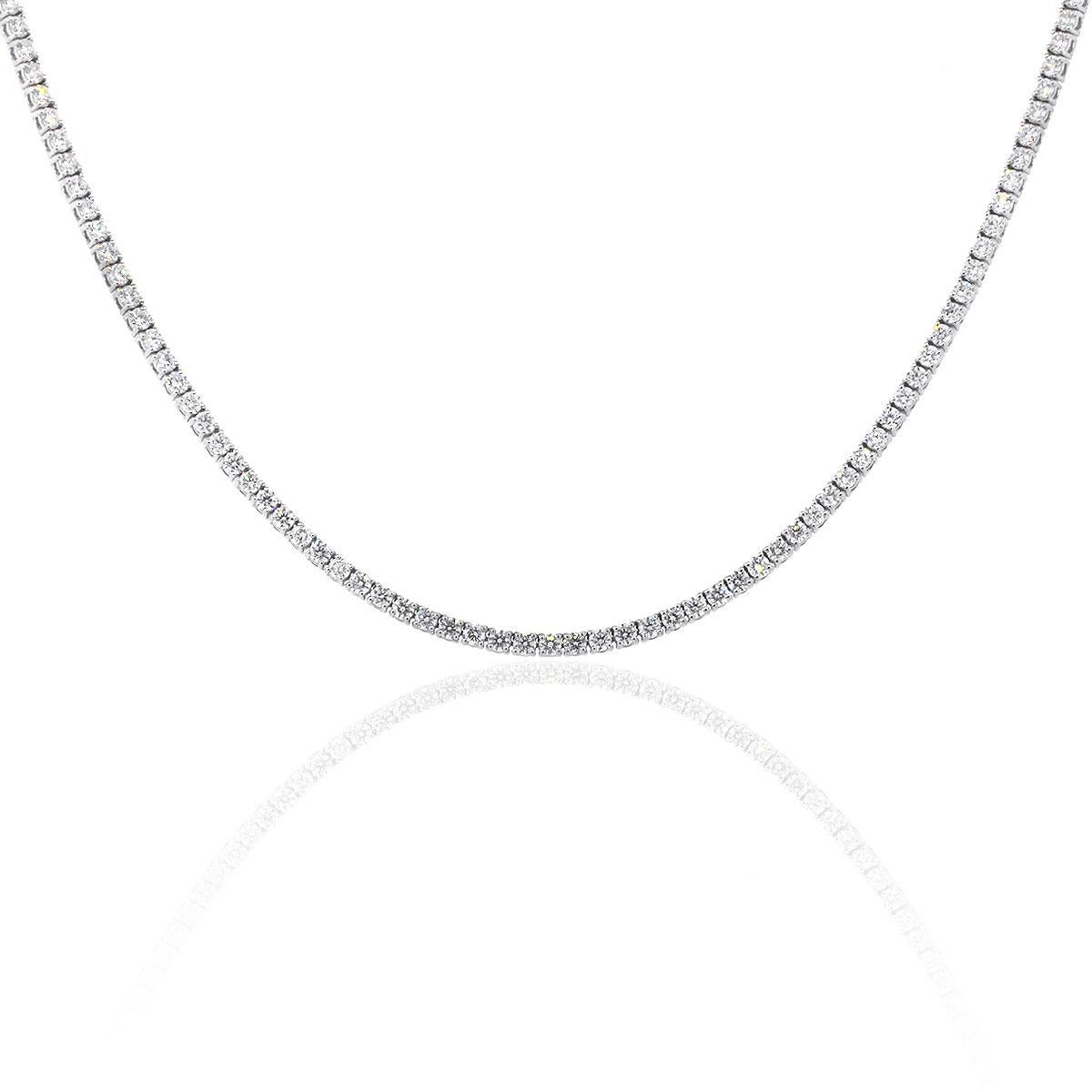 Material: 18k White Gold
Diamond Details: Approximately 9.03ctw of round brilliant diamonds. Diamonds are G/H in color and VS in clarity.
Necklace Measurements: 18″
Clasp: Tongue in Box with safety clasp
Total Weight: 21g (13.4dwt)
SKU: A30311884