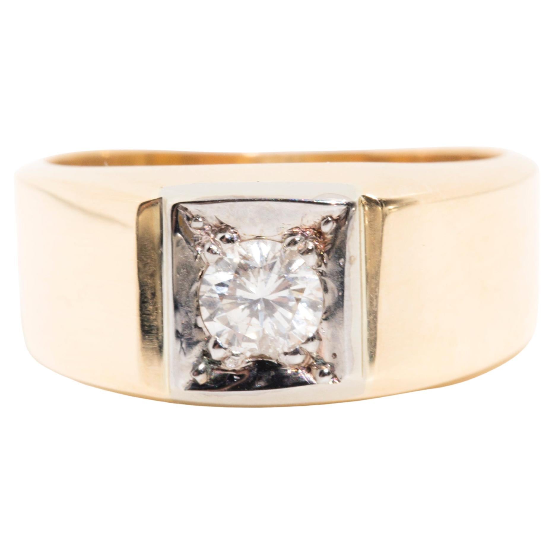 Round Brilliant Diamond Vintage Mens Vintage Signet Ring in 14 Carat Gold