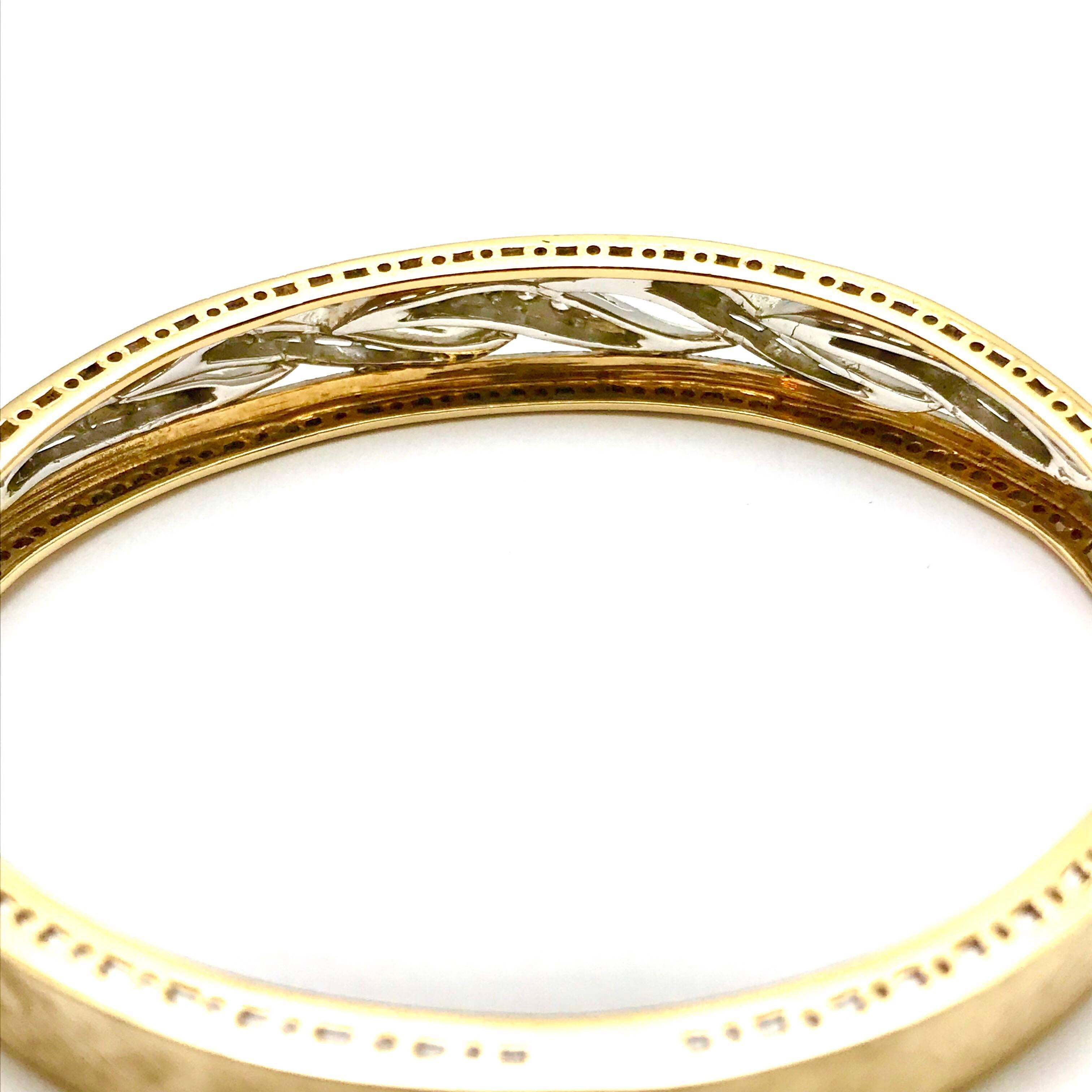 Women's or Men's Round Brilliant Diamond White and Yellow Gold Wave Bangle Bracelet