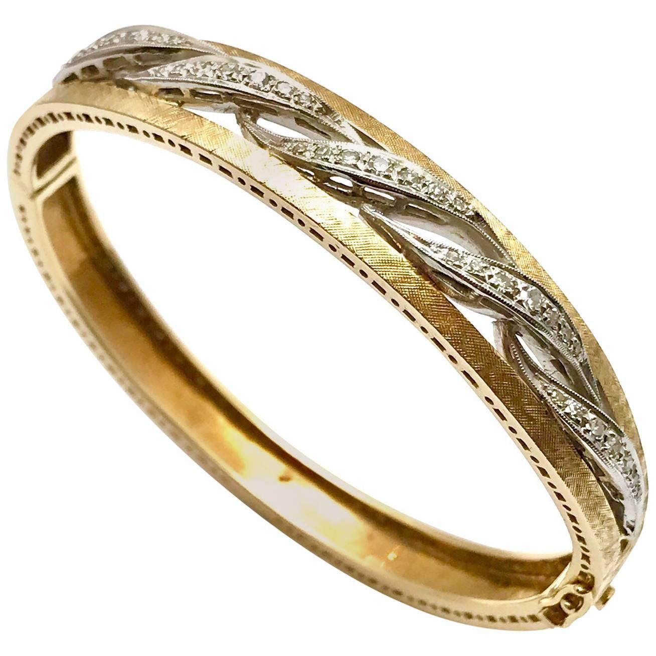 Round Brilliant Diamond White and Yellow Gold Wave Bangle Bracelet