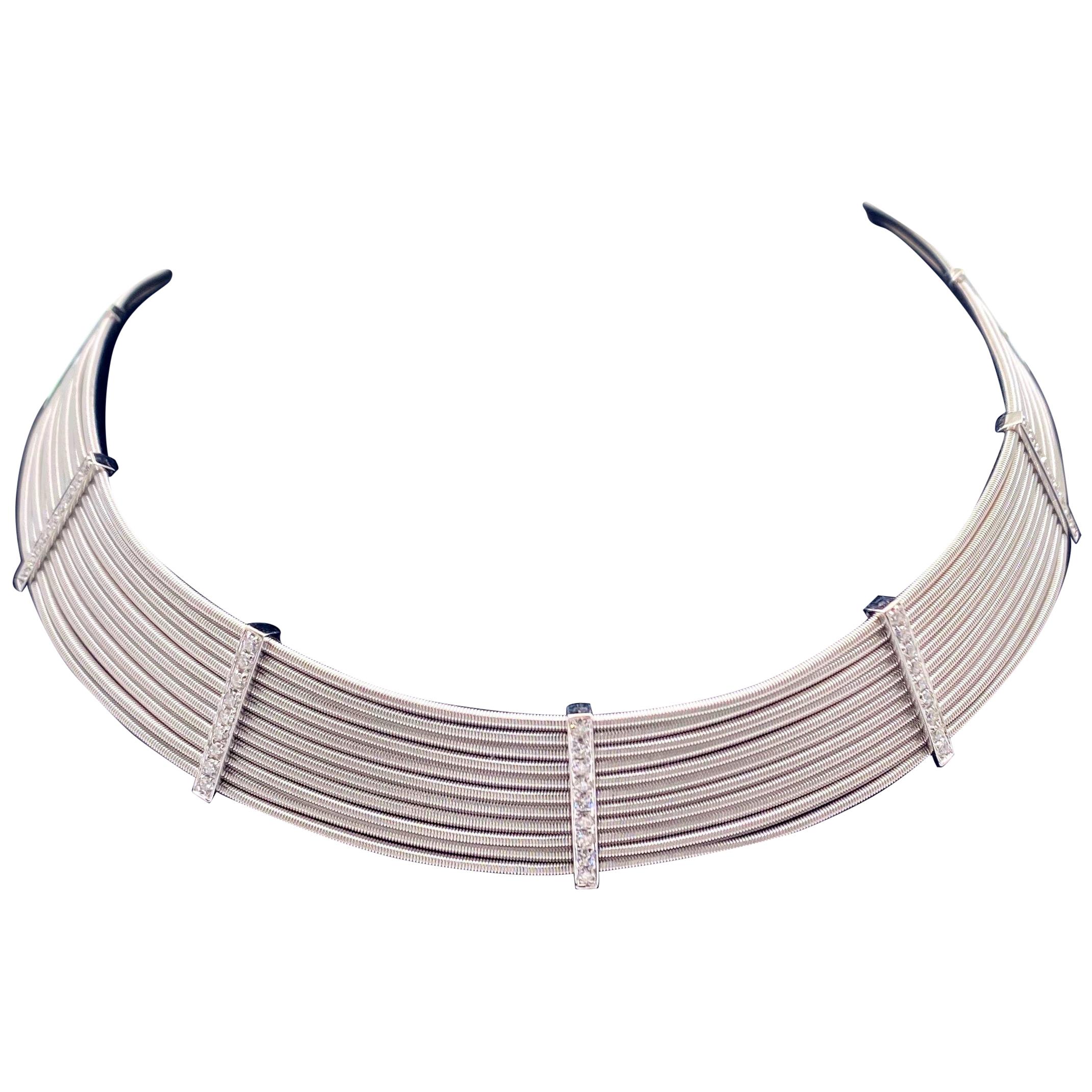 Round Brilliant Diamonds 1.75 Carat 18kt White Gold Cable Design Choker Necklace