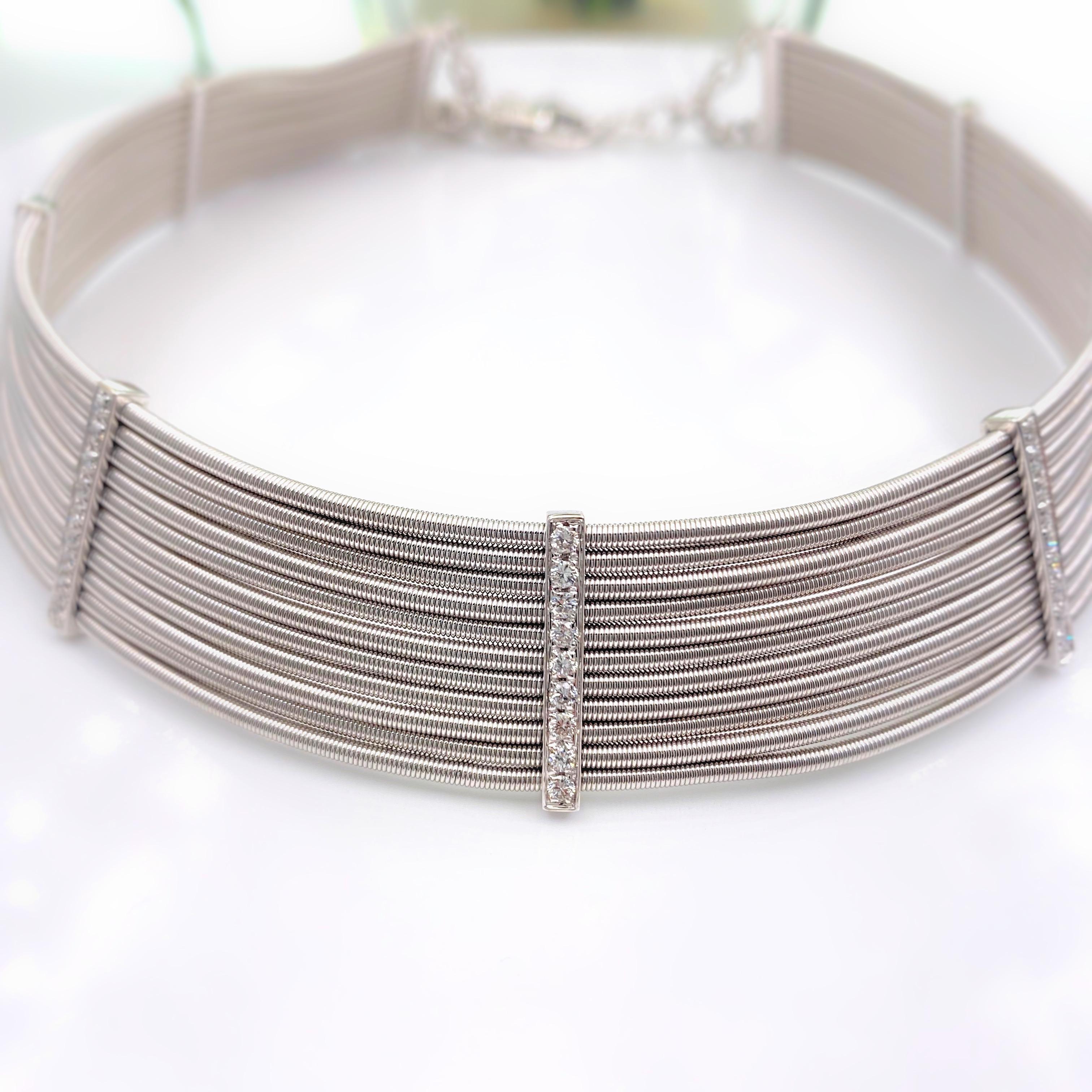 Round Brilliant Diamonds 1.75 Carat 18kt White Gold Cable Design Choker Necklace For Sale 1
