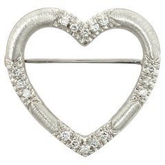 Round Brilliant Diamonds Open Heart Brooch in Brushed 14 Karat White Gold