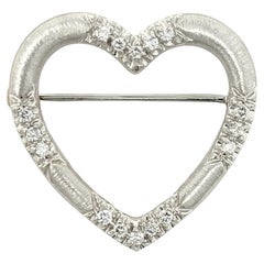 Vintage Round Brilliant Diamonds Open Heart Brooch in Brushed 14 Karat White Gold