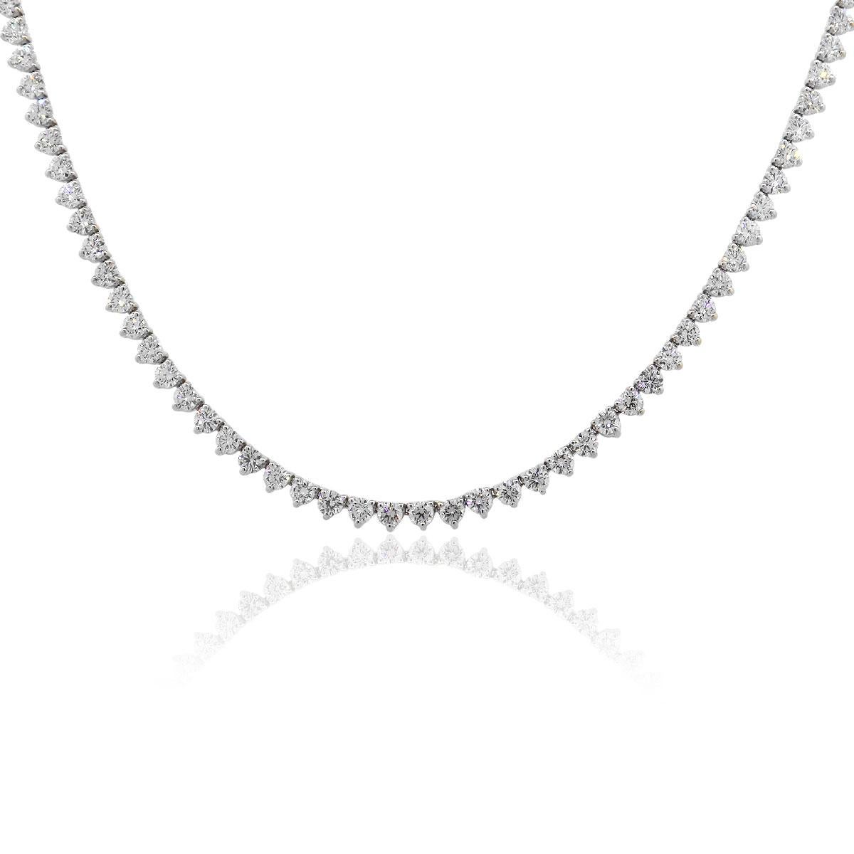 Material: 14k White Gold
Diamond Details: Approx. 11ctw of round cut diamonds. Diamonds are G/H in color and SI in clarity
Measurements: Necklace measures 15.5″ in length.
Fastening: Tongue in box clasp with safety latch
Item Weight: 11.6g