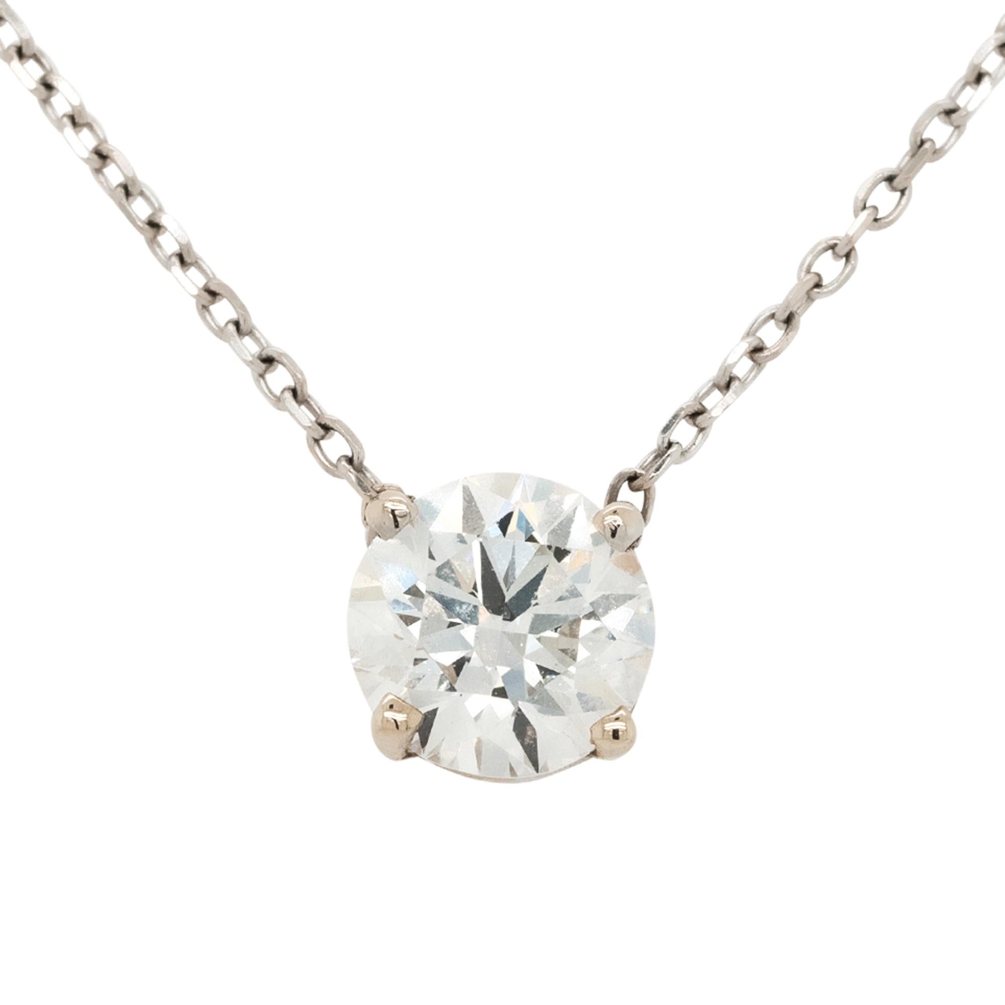 Material: 14k white gold
Diamond Details: 0.90ctw of Brilliant Round Cut Diamond. Diamond is G/H in color and VS in clarity. SI1 GIA# 1363714574
Measurements: Necklace is 16