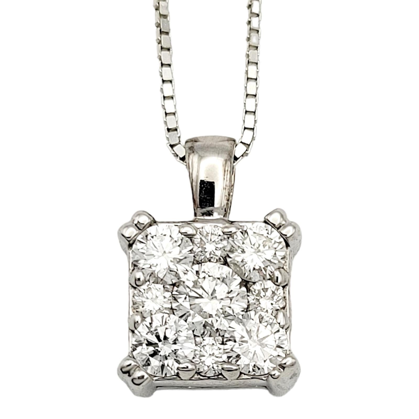 Round Brilliant Multi Diamond Square Setting Pendant in 14 Karat White Gold  For Sale 1