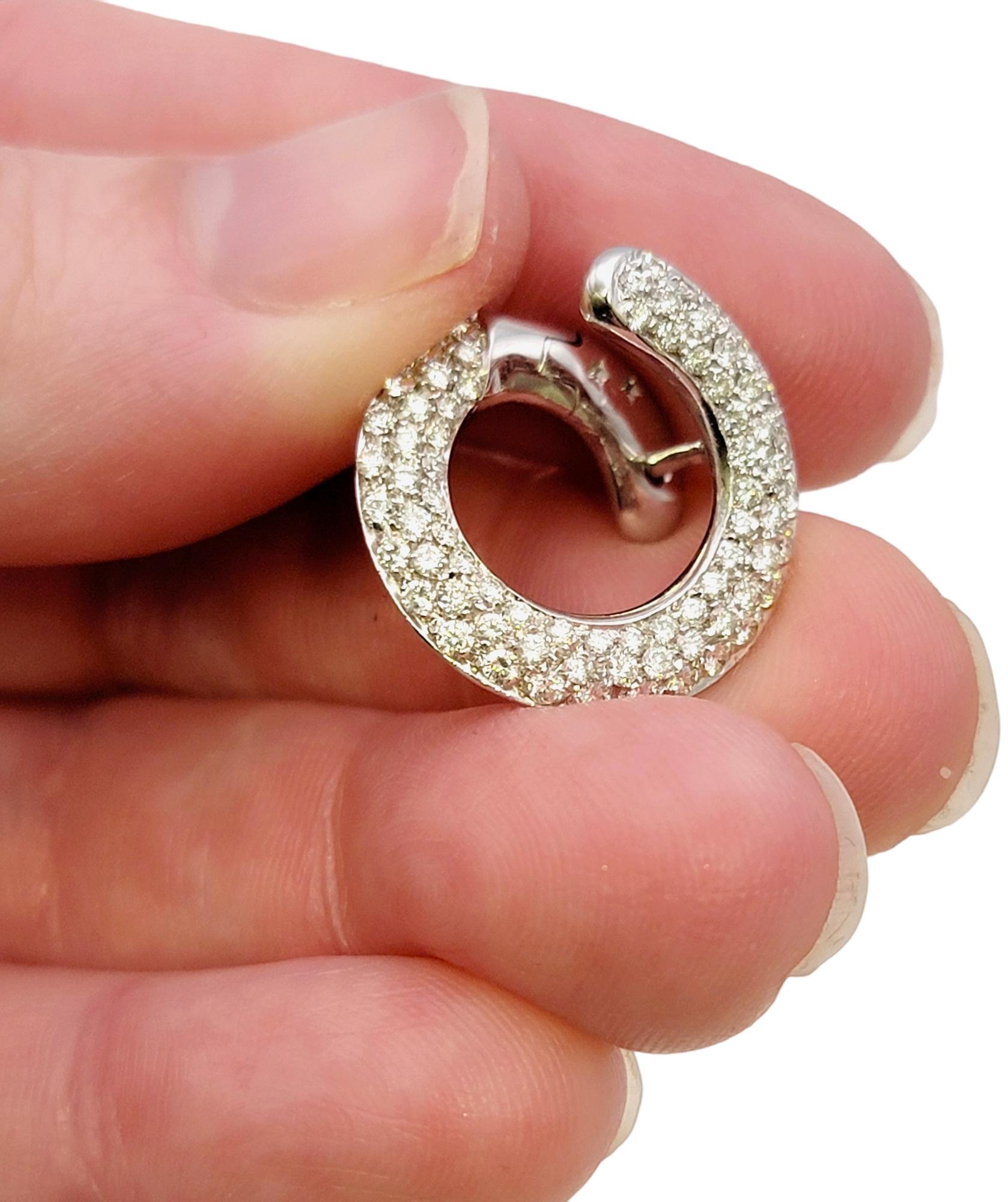 Round Brilliant Pave Diamond Circle Swirl Pierced Earrings 18 Karat White Gold For Sale 4