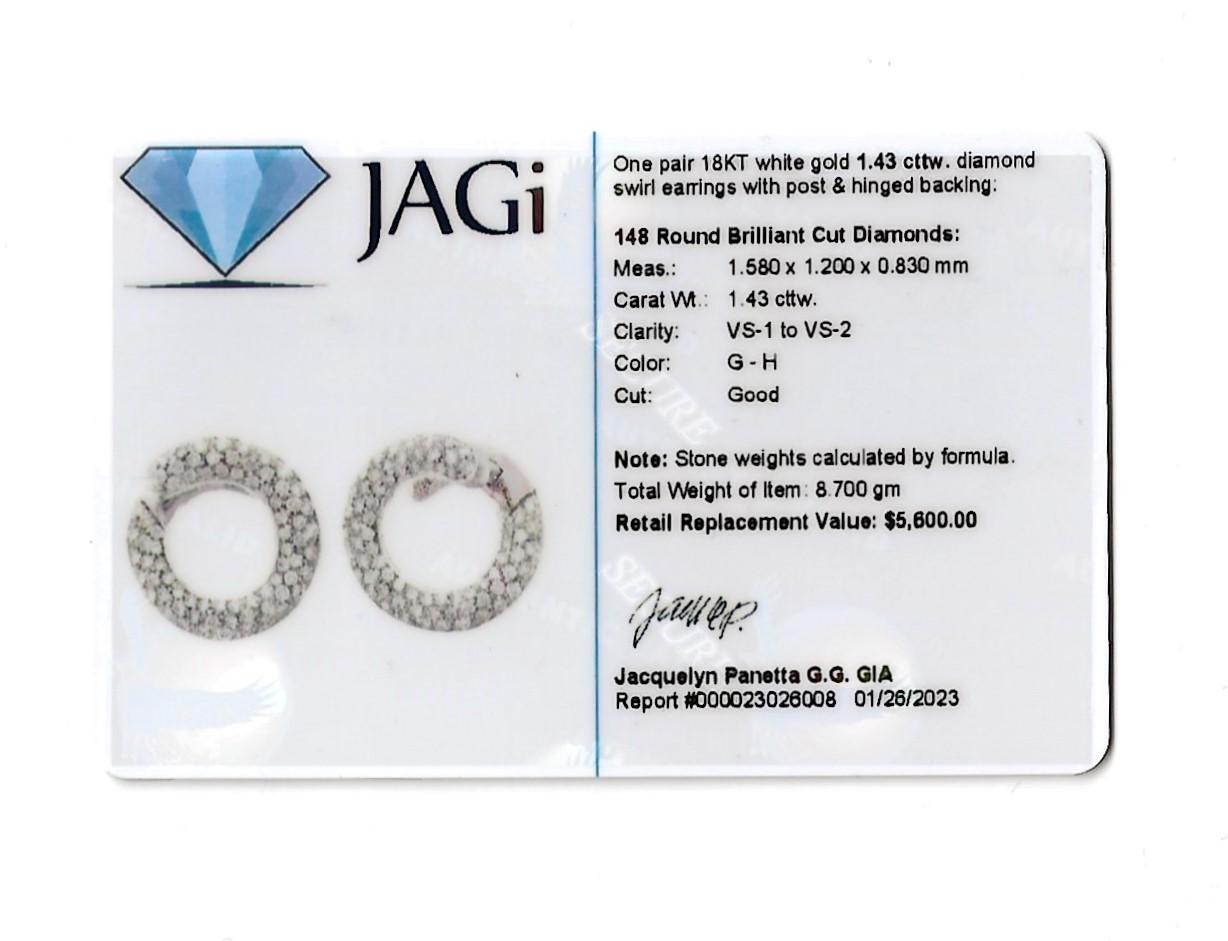 Round Brilliant Pave Diamond Circle Swirl Pierced Earrings 18 Karat White Gold For Sale 9