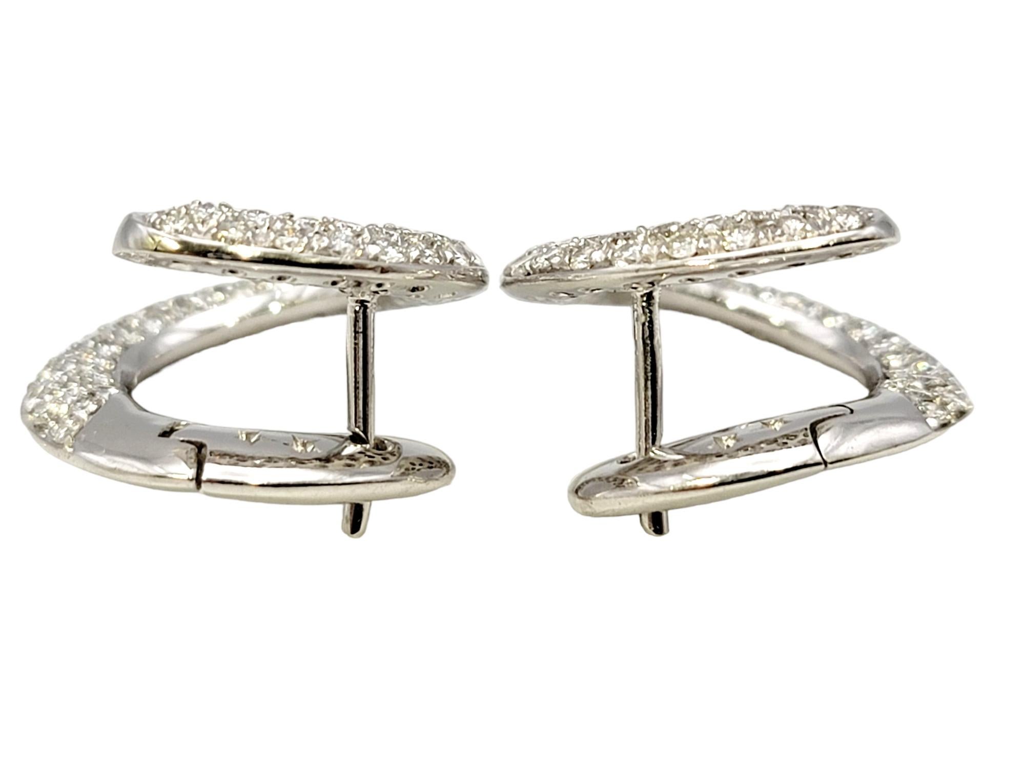 Contemporary Round Brilliant Pave Diamond Circle Swirl Pierced Earrings 18 Karat White Gold For Sale