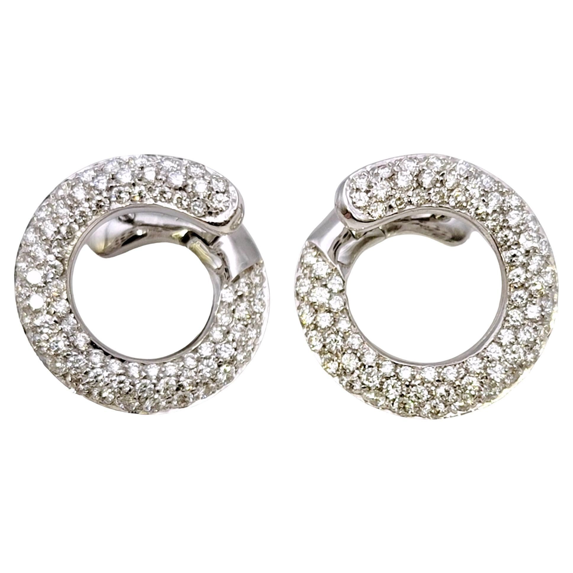 Round Brilliant Pave Diamond Circle Swirl Pierced Earrings 18 Karat White Gold For Sale 1