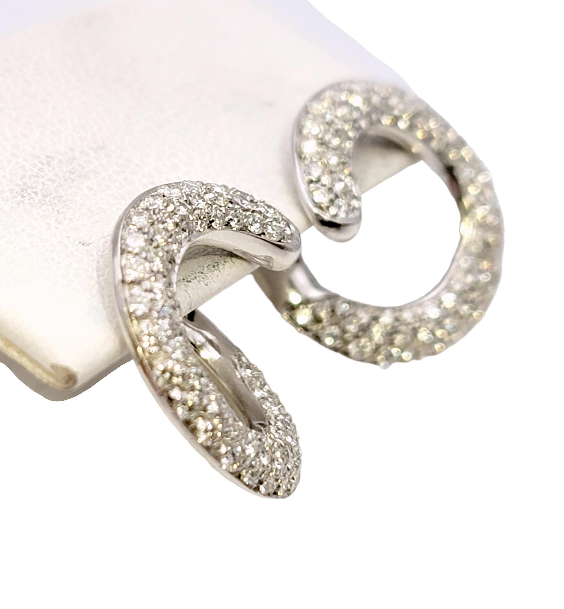 Round Brilliant Pave Diamond Circle Swirl Pierced Earrings 18 Karat White Gold For Sale 2