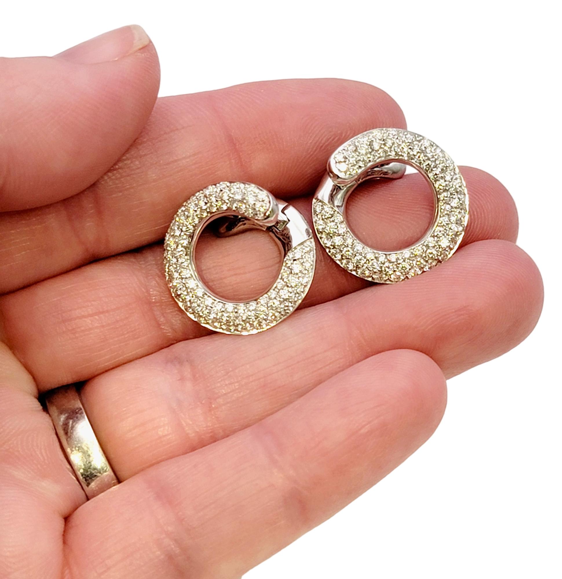 Round Brilliant Pave Diamond Circle Swirl Pierced Earrings 18 Karat White Gold For Sale 3