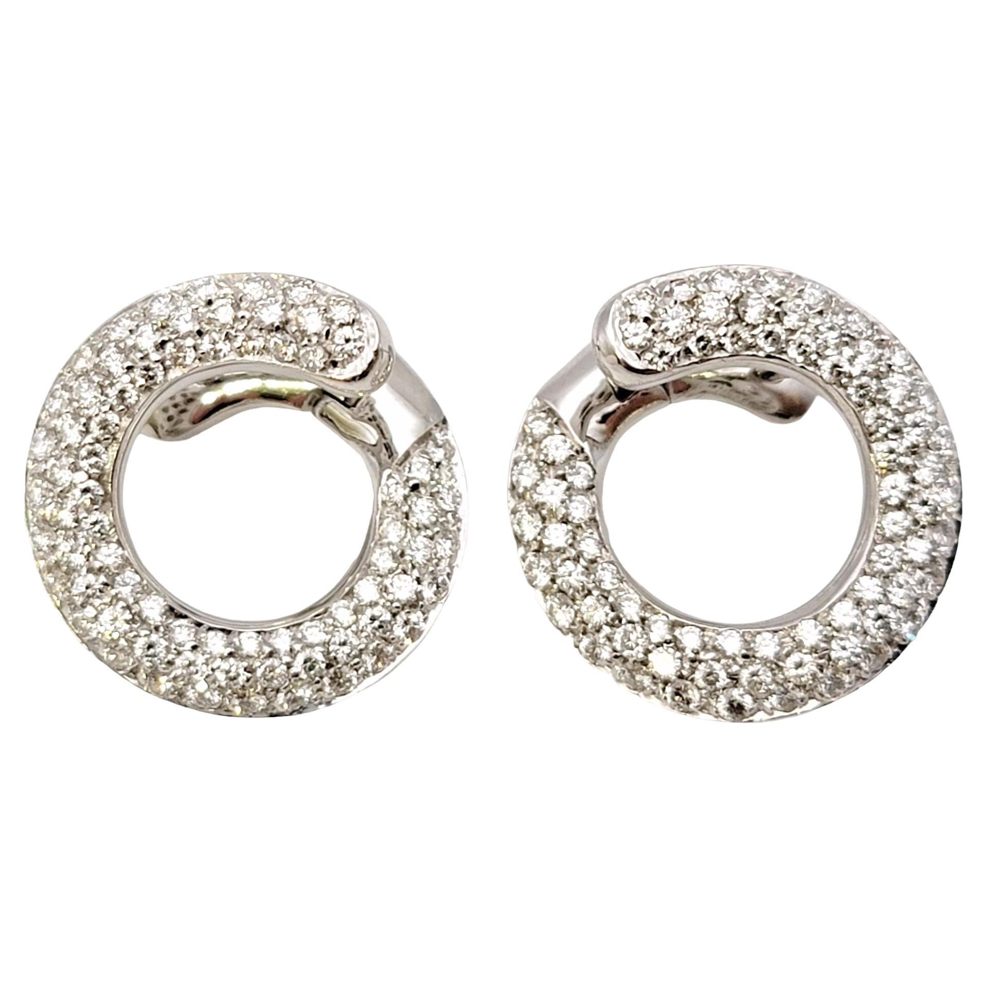 Round Brilliant Pave Diamond Circle Swirl Pierced Earrings 18 Karat White Gold