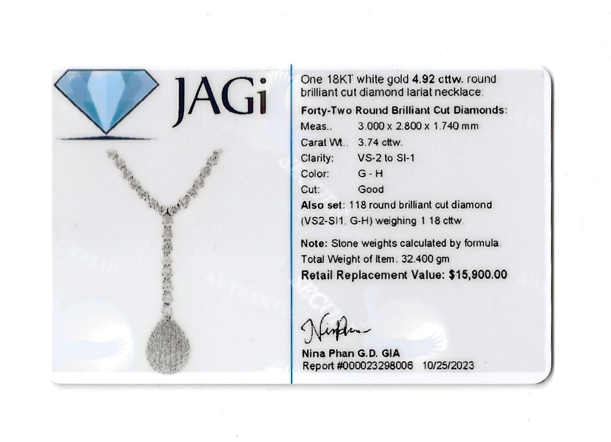 Round Brilliant Pavé Diamond Teardrop Lariat Necklace in 18 Karat White Gold For Sale 5
