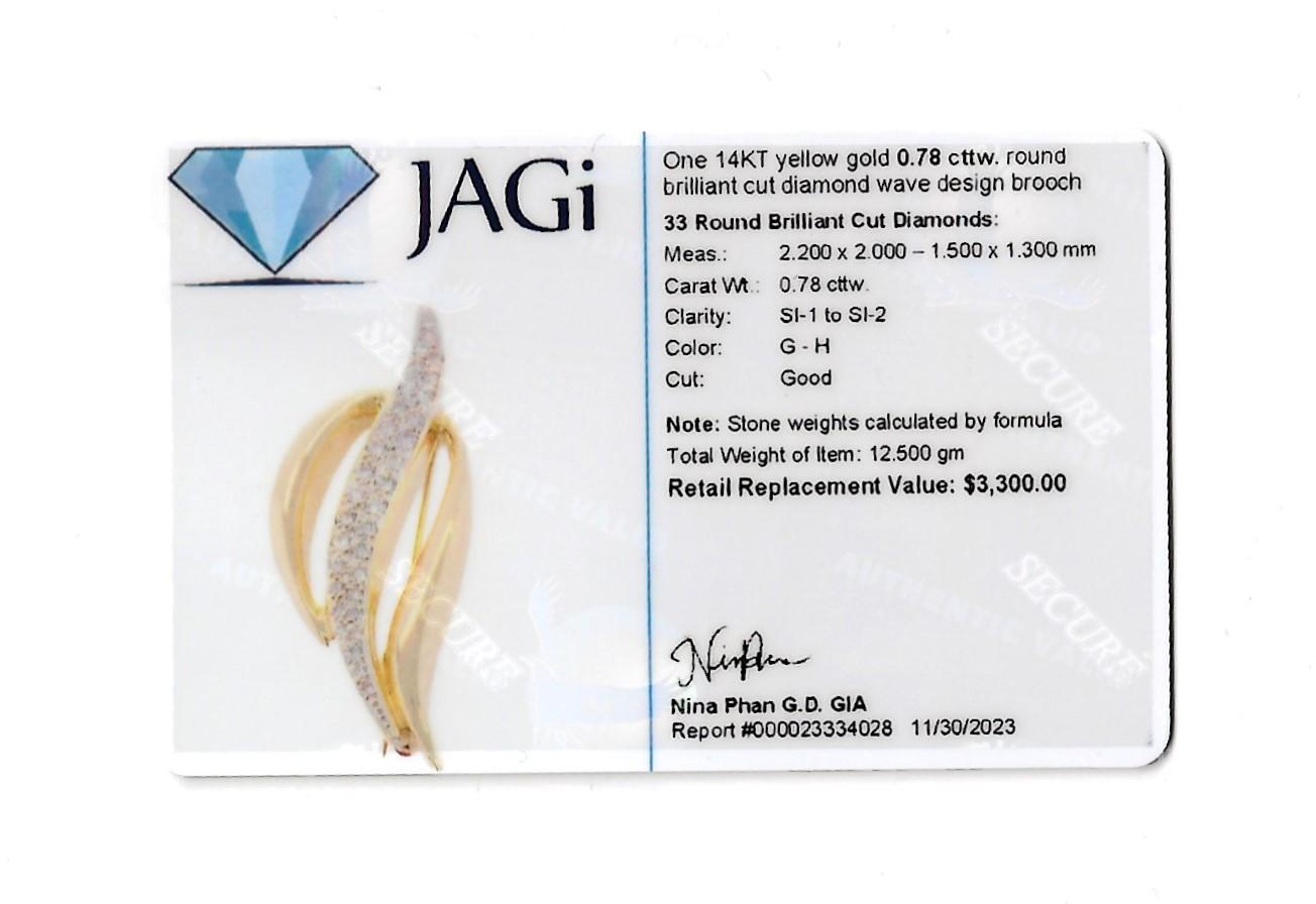 Round Brilliant Pave Diamond Wave Design Brooch Set in 14 Karat Yellow Gold For Sale 1