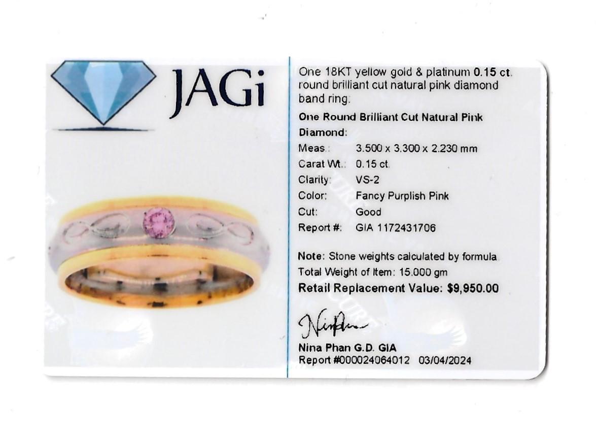 Round Brilliant Pink Diamond Band Ring Set in 18 Karat Yellow Gold and Platinum For Sale 3