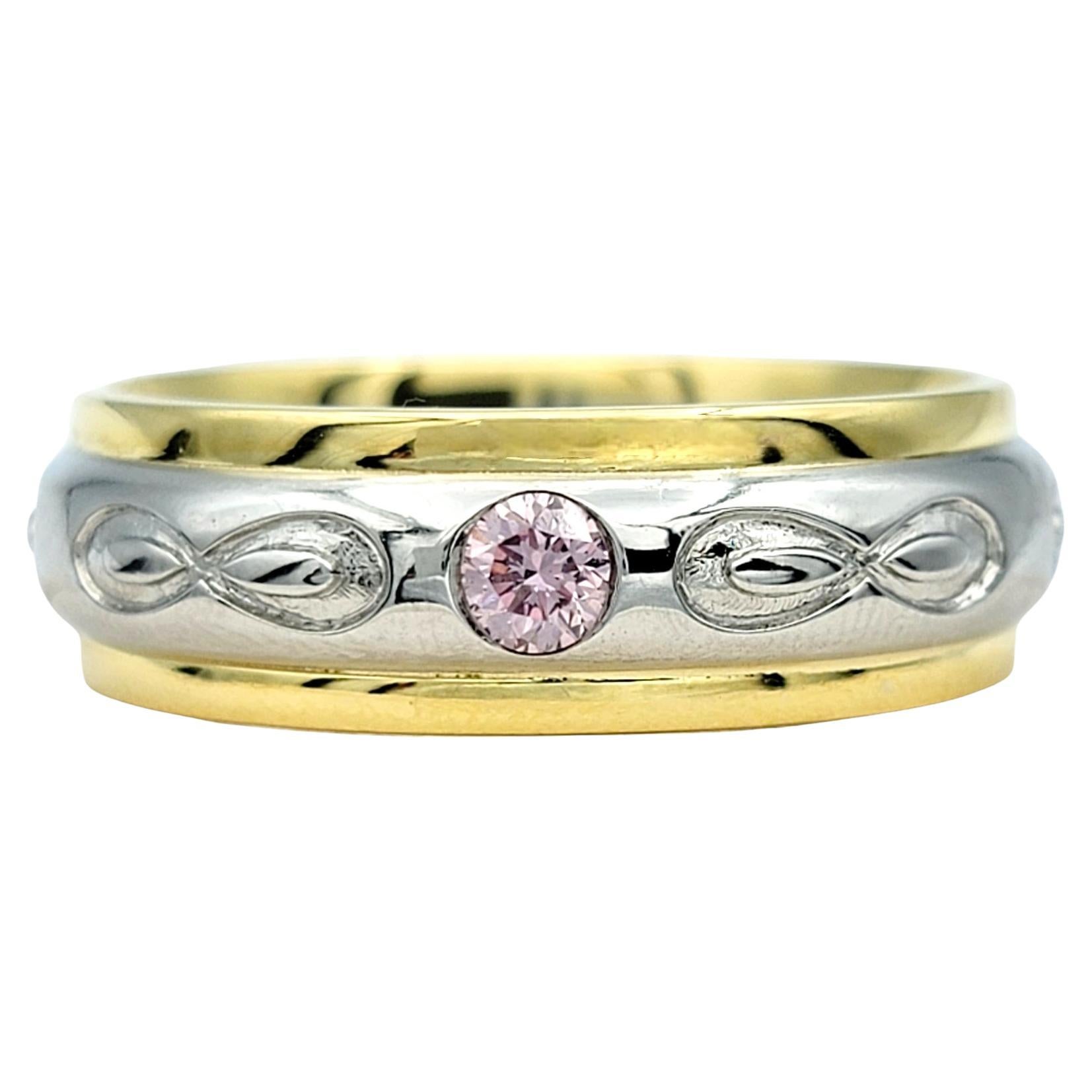 Bague à anneau en or jaune 18 carats et platine avec diamants roses ronds et brillants