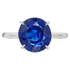 Round Brilliant Statement Royal Blue Sapphire 14K White Gold Refined Light