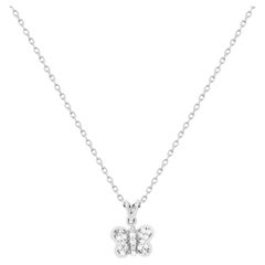 Round Brilliant White Diamond Butterfly Pendant Necklace 14K White Gold