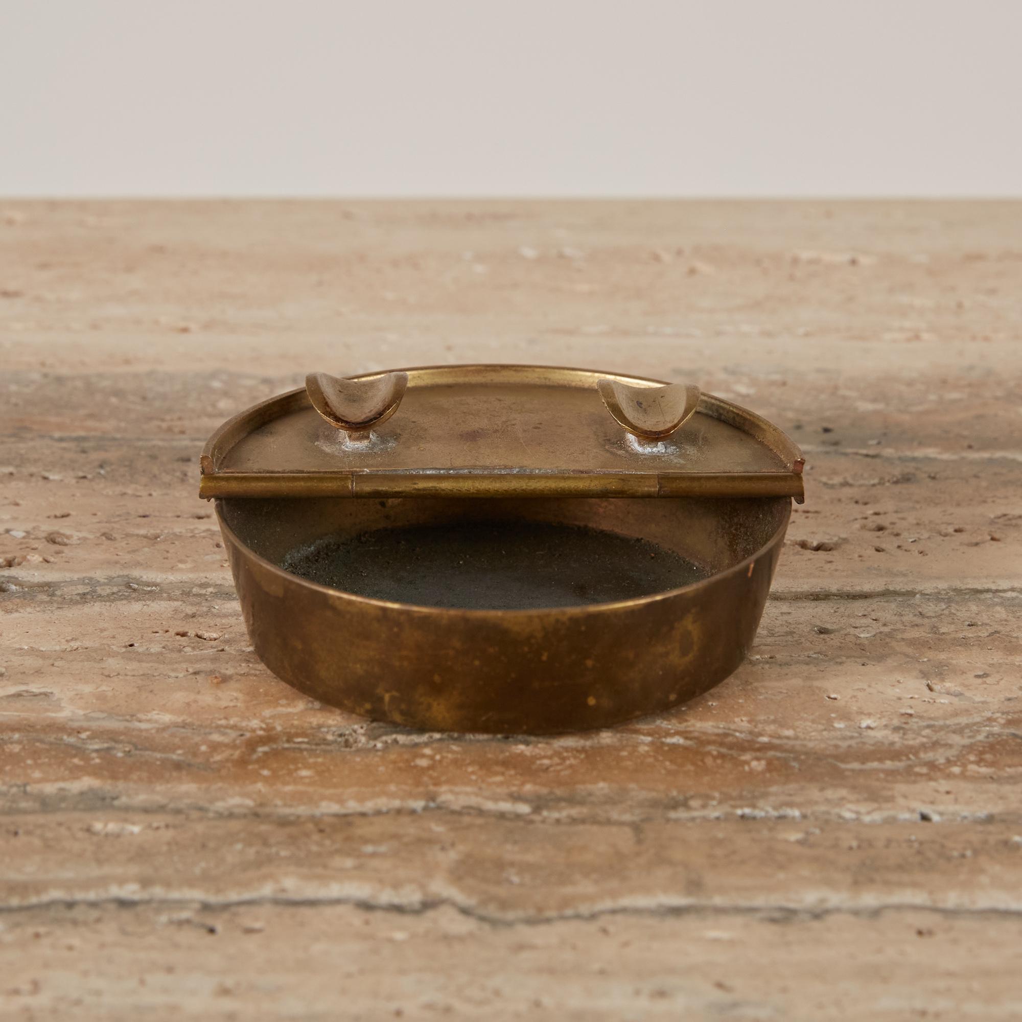 Patinated Round Bronze Ashtray with Flip-Top Lid