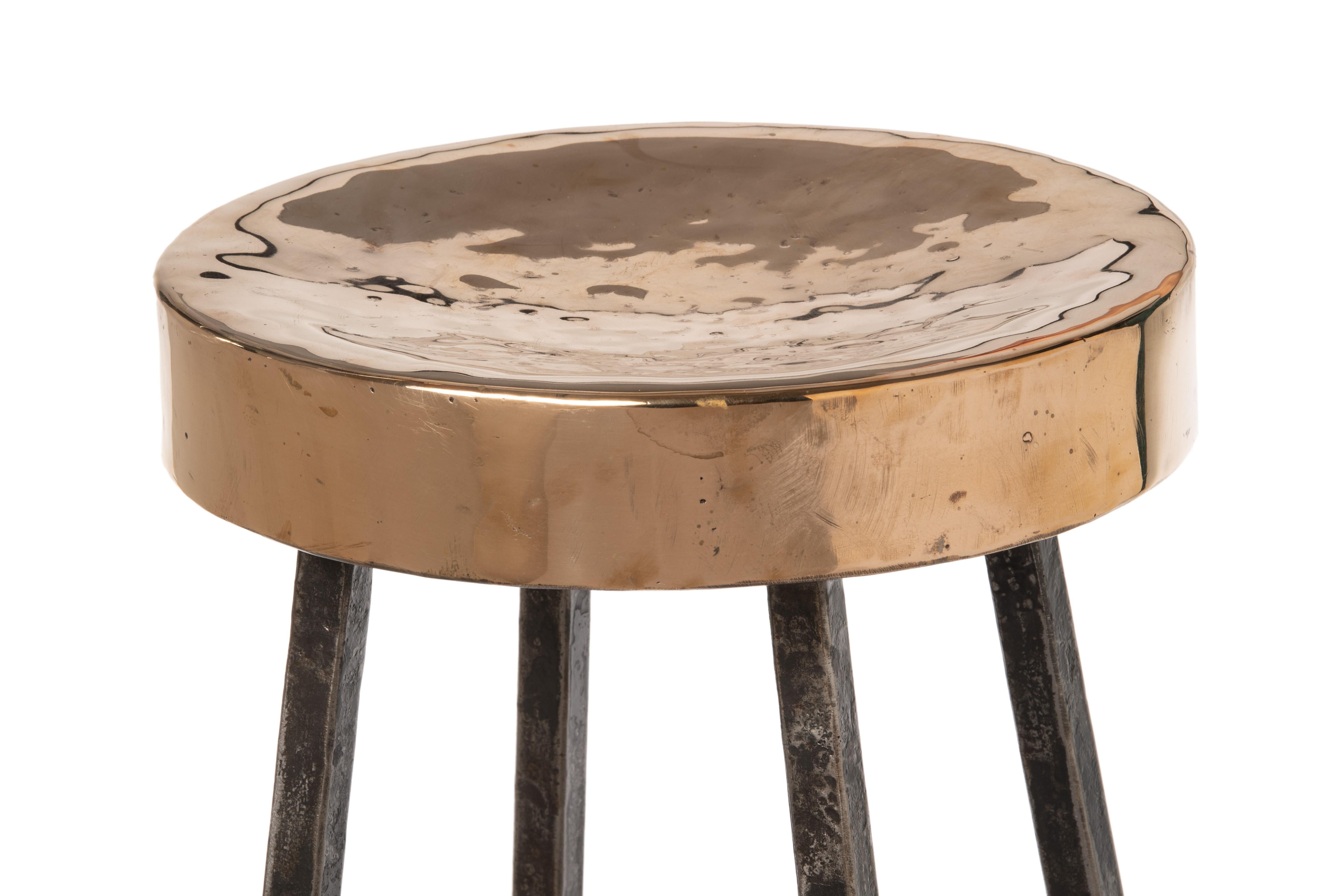 American Round Bronze Bar Stool with Forged and Hammered Steel Legs For Sale