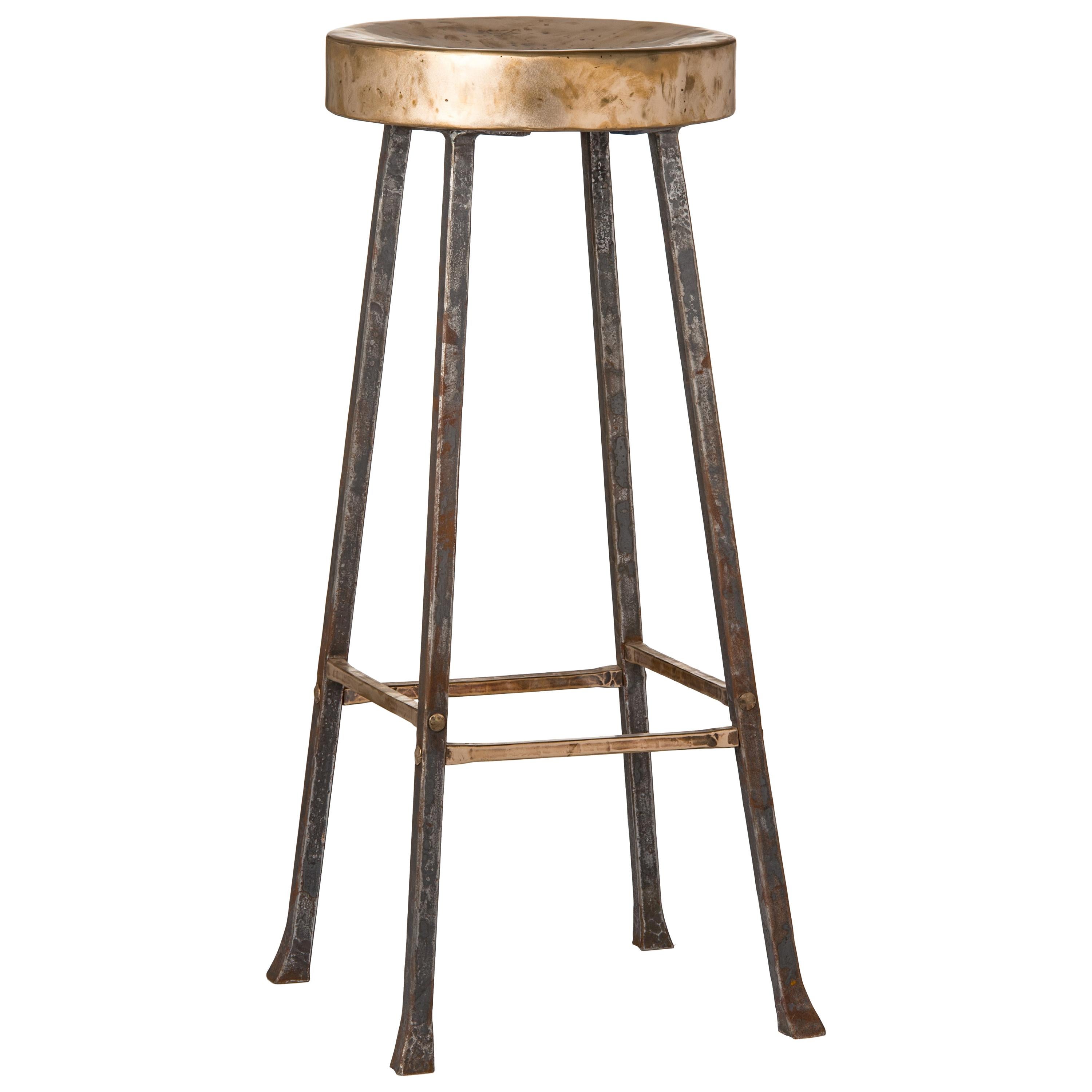 Round Bronze Bar Stool with Forged and Hammered Steel Legs For Sale
