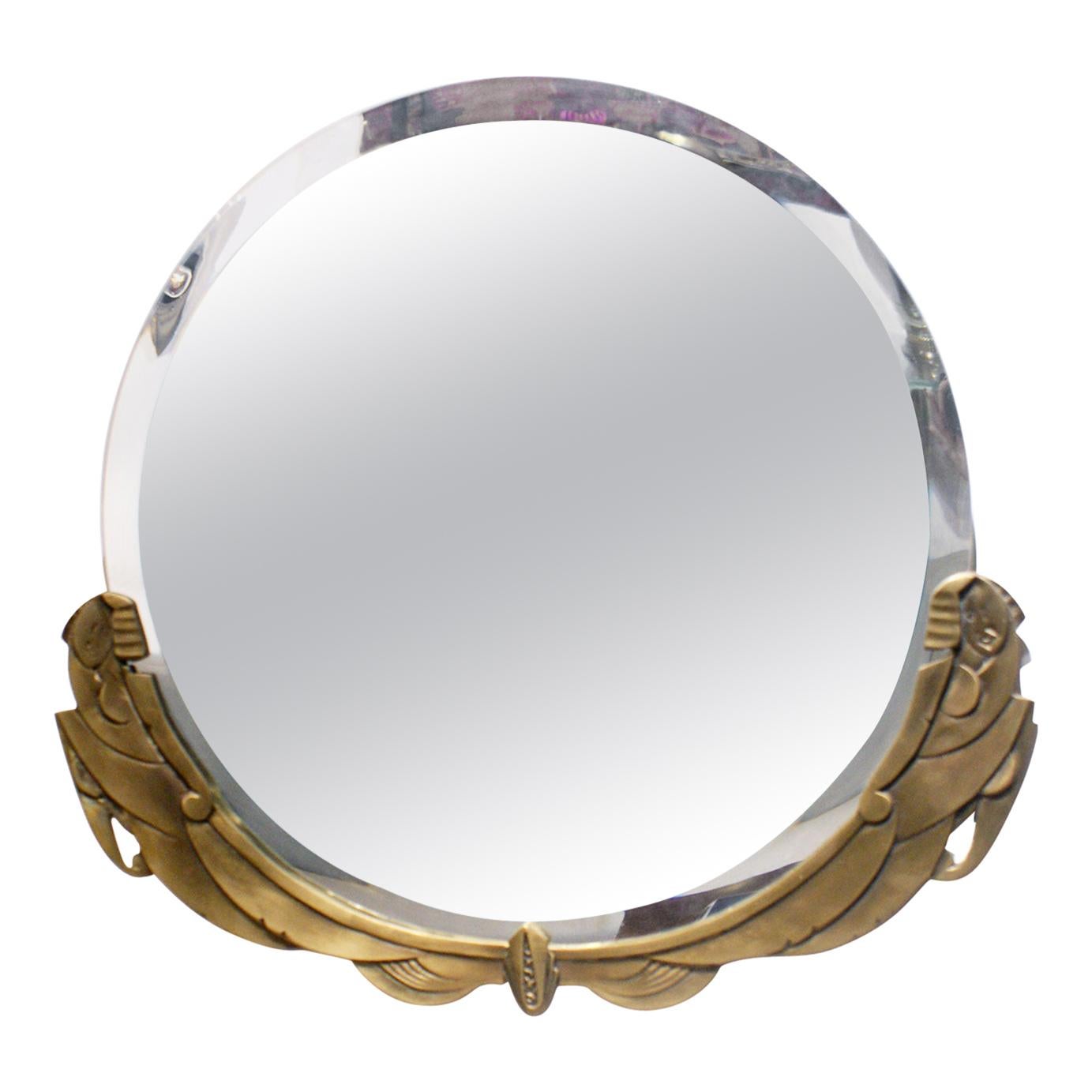 Round Bronze French Art Deco Figural Women Mirror at 1stDibs