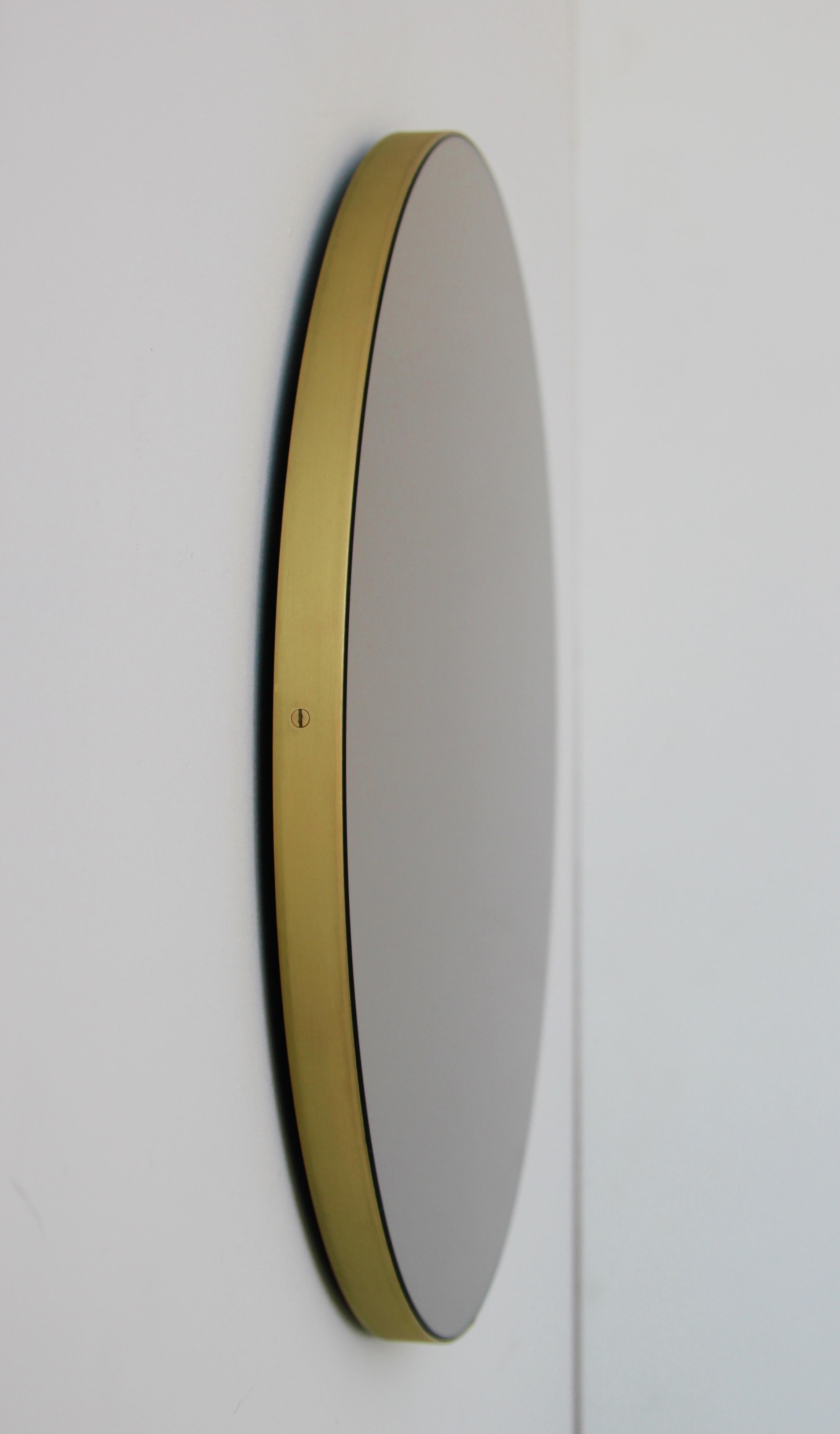 Brushed Orbis Bronze Tinted Contemporary Round Mirror with Brass Frame, Large For Sale